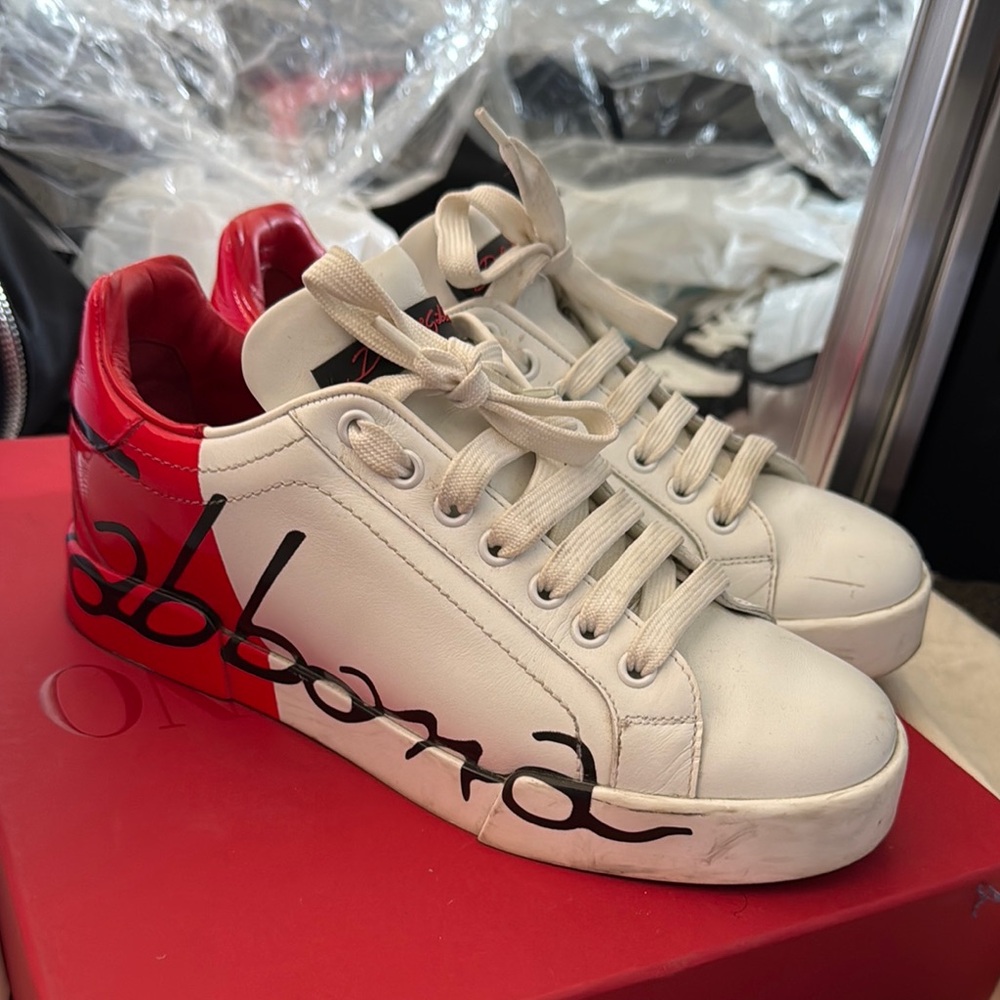 Women's White and Red Sneakers